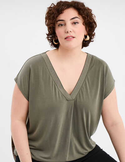 T-shirt col en V manches courtes vert kaki femme grande taille