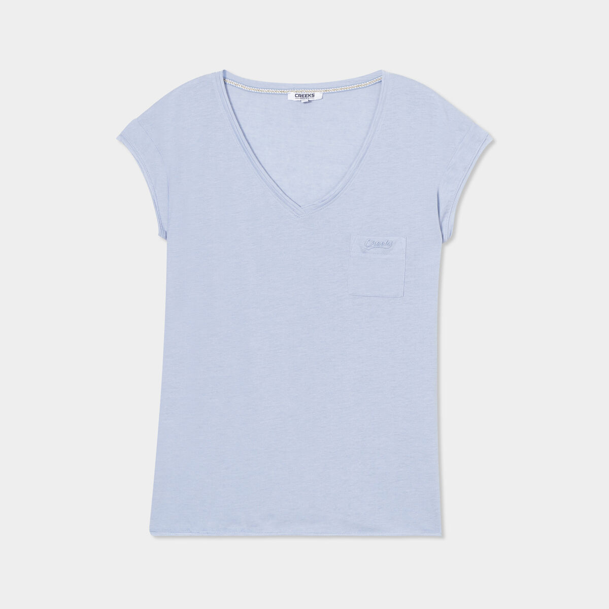 T-shirt col v poche poitrine Creeks bleu clair femme