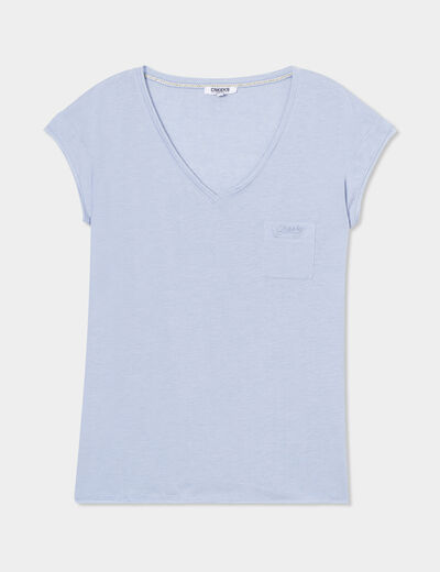 T-shirt col v poche poitrine Creeks bleu clair femme