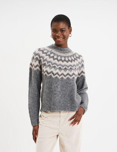 Pull col rond jacquard manches longues gris clair femme
