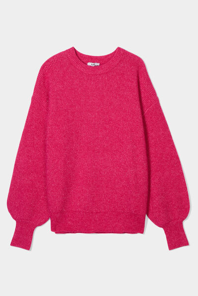 Pull col rond manches ballons rose fushia femme