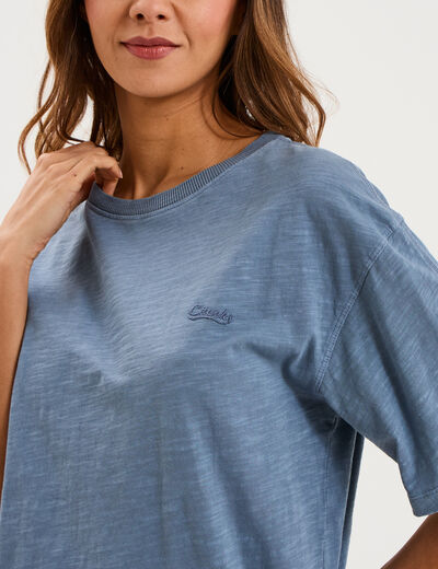 T-shirt col rond manches courtes coton bleu fonc&eacute; femme