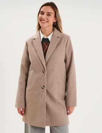 Manteau droit long boutonn&eacute; beige femme