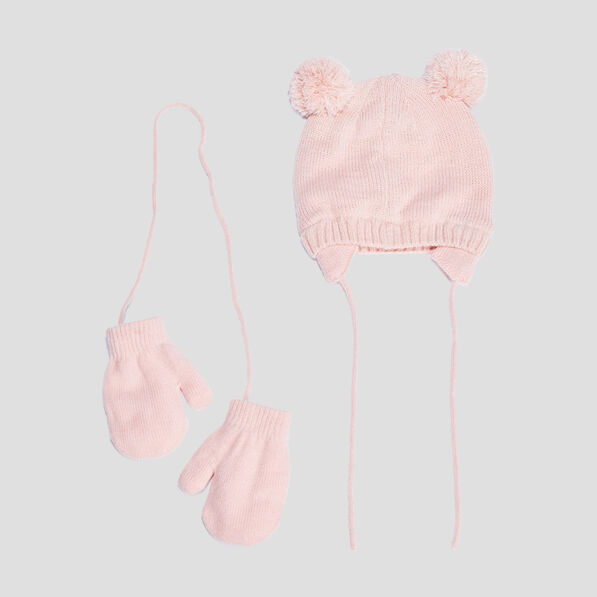 Ensemble bonnet et moufles rose bébé fille
