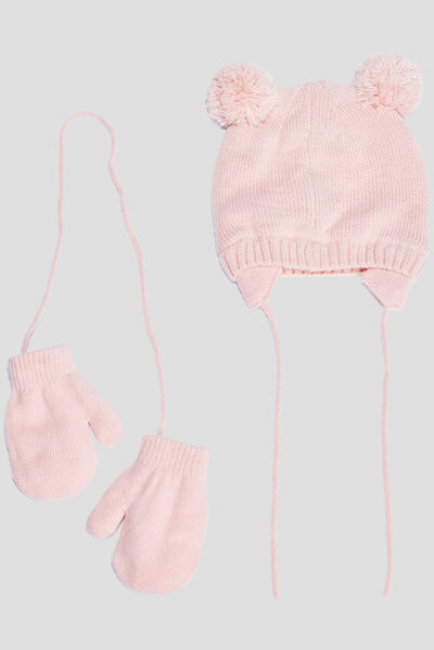 Ensemble bonnet et moufles rose bébé fille