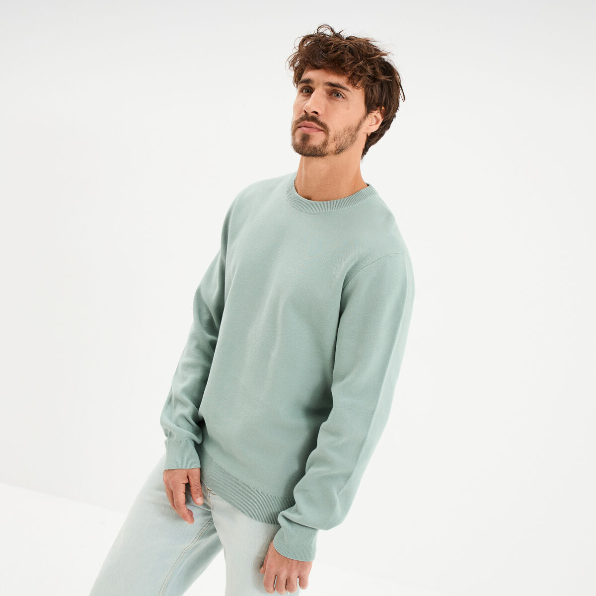 Pull col rond manches longues bleu gris homme