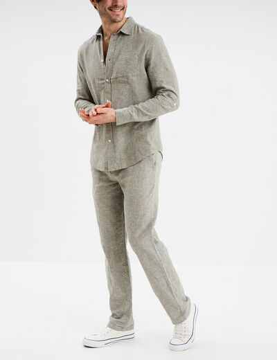 Chemise manches longues lin mélangé vert kaki homme