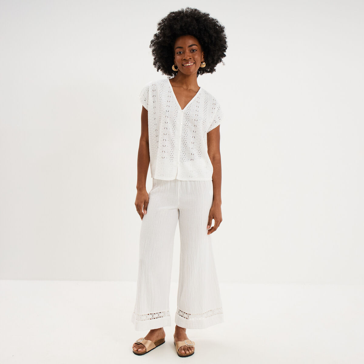 Pantalon large &eacute;lastiqu&eacute;e gaze coton blanc femme