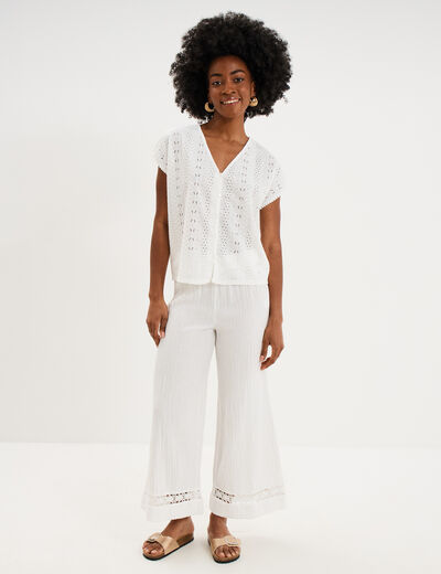 Pantalon large &eacute;lastiqu&eacute;e gaze coton blanc femme