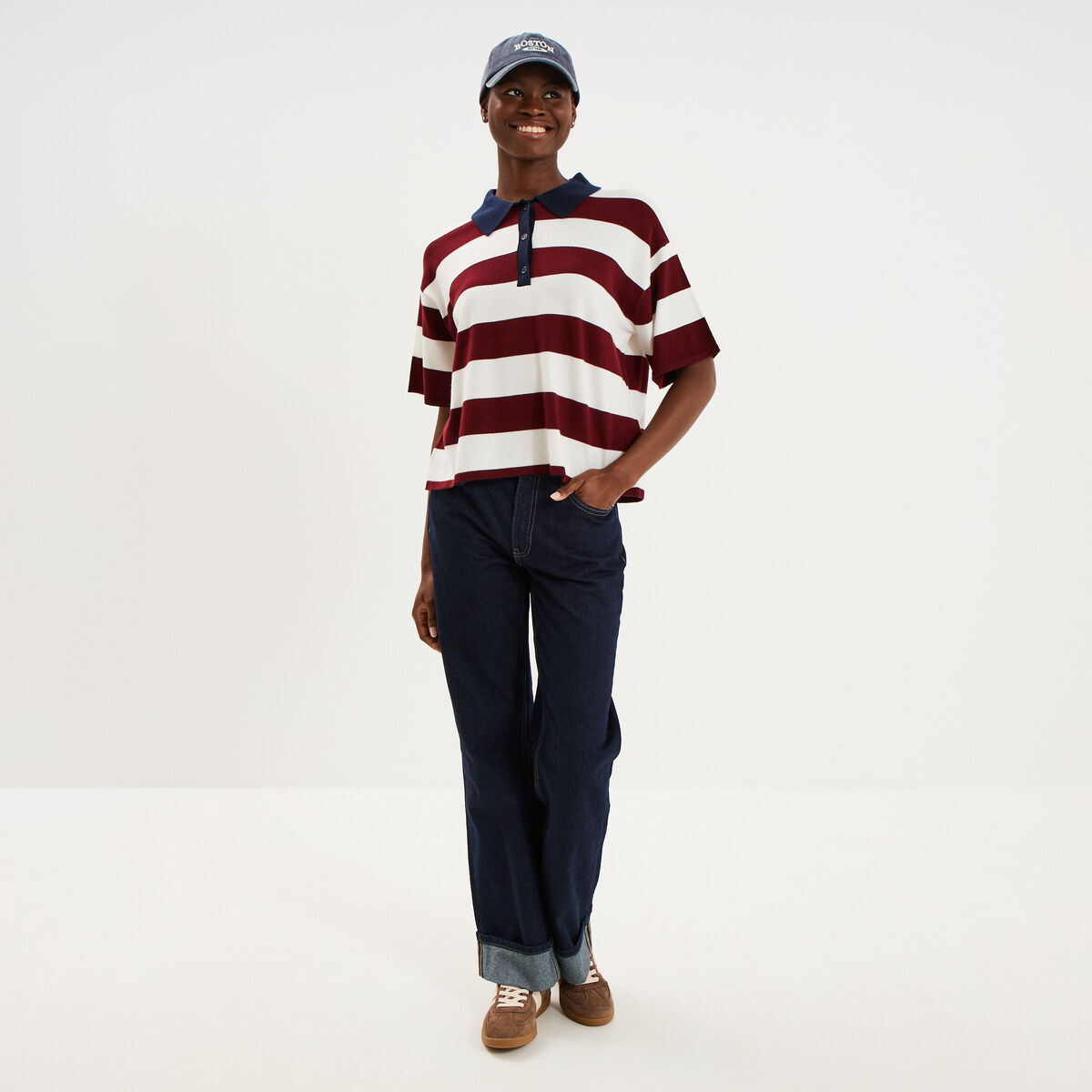 Pull col polo manches courtes ecru femme