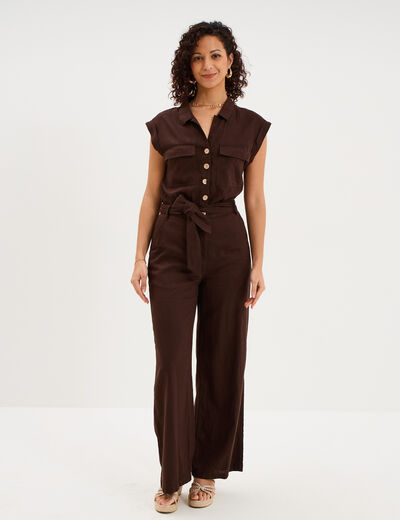 Combinaison pantalon lin m&eacute;lang&eacute; marron fonc&eacute; femme