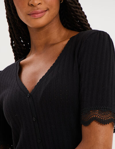 Blouse manches courtes col V dentelle noir femme