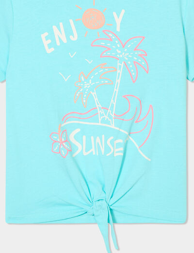 T-shirt noué manches courtes coton bleu turquoise fille
