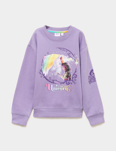 Sweat col rond L'&Eacute;cole des licornes parme fille