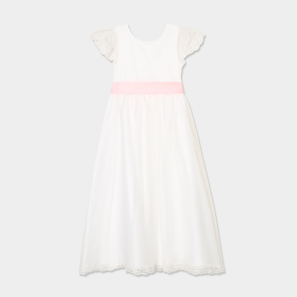 Robe longue tulle brod&eacute;e avec ceinture ivoire fille