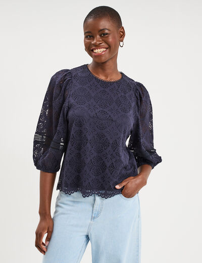 Blouse dentelle manches 3/4 bleu fonc&eacute; femme