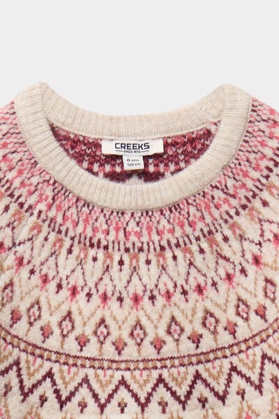 Pull jacquard col rond manches longues ecru fille