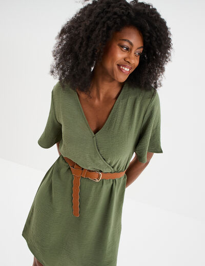 Robe courte col cache-coeur vert kaki femme
