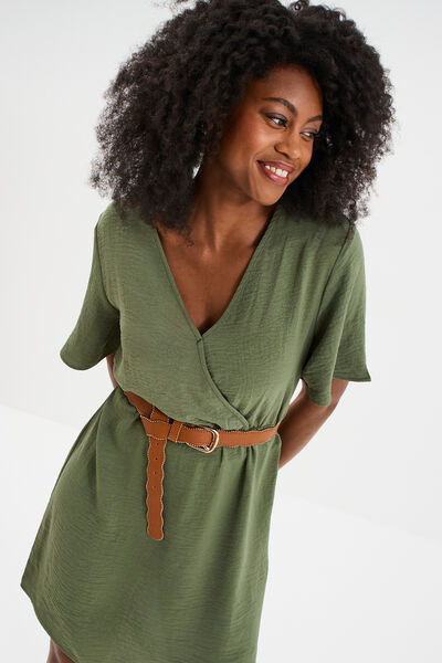 Robe courte col cache-coeur vert kaki femme