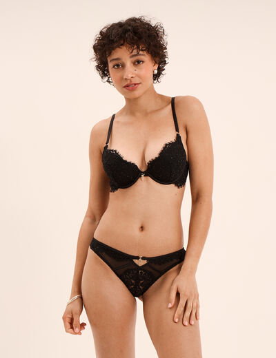 Tanga en dentelle avec strass noir femme