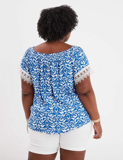 Blouse col bardot manches à dentelle ecru femme grande taille
