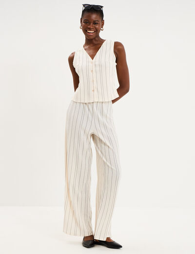 Pantalon large gaufr&eacute; taille &eacute;lastiqu&eacute;e blanc femme