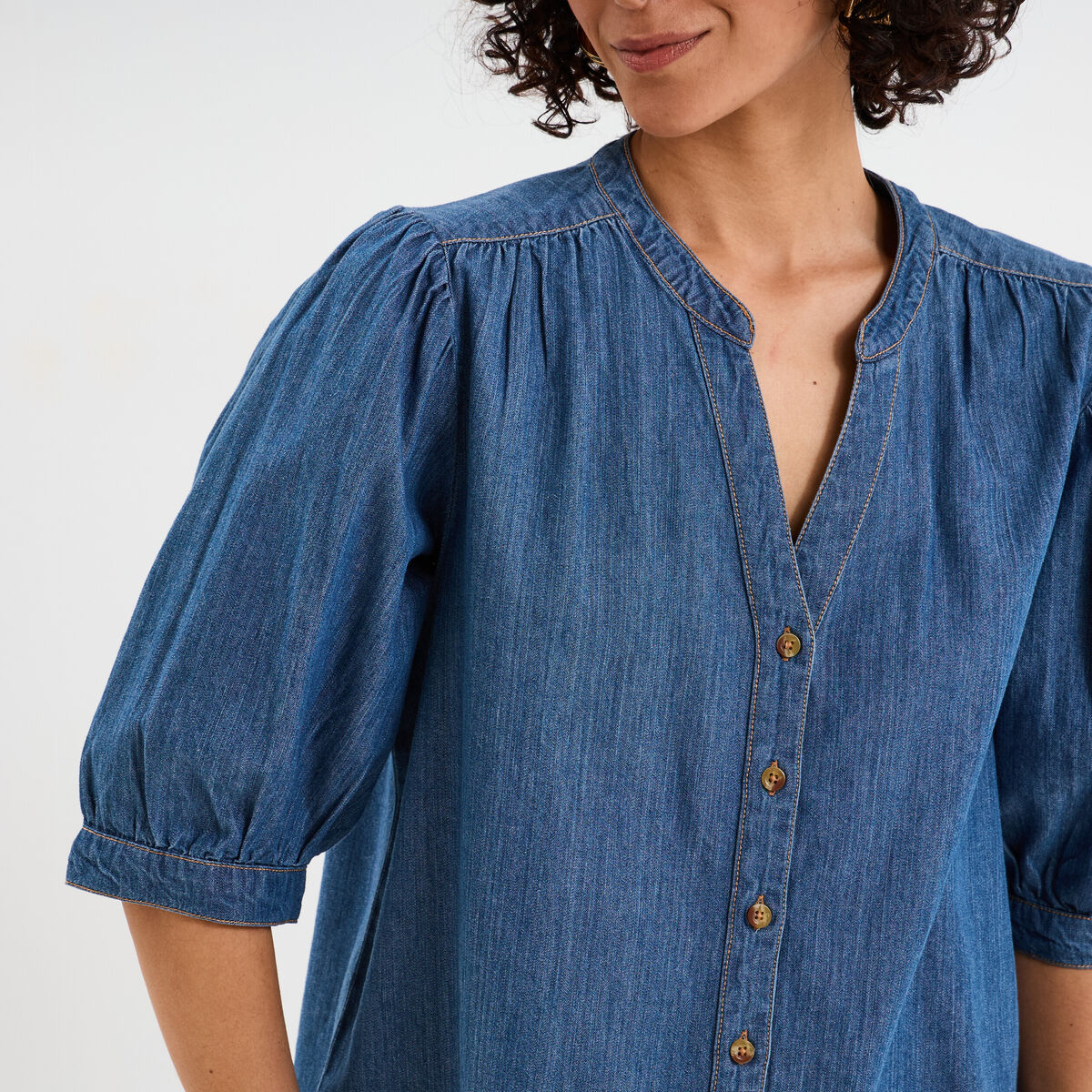 Blouse manches ballons en jean coton denim stone femme
