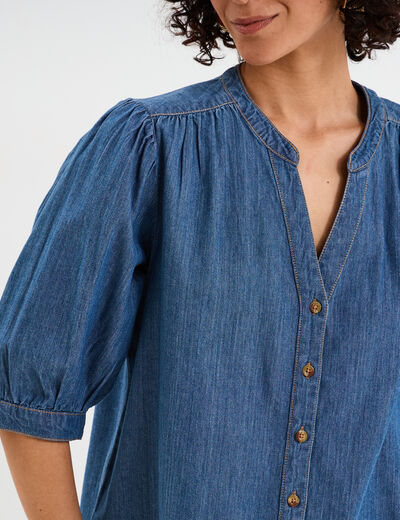 Blouse manches ballons en jean coton denim stone femme