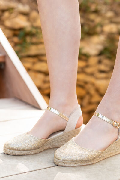 Sandales espadrilles compensées jaune or femme