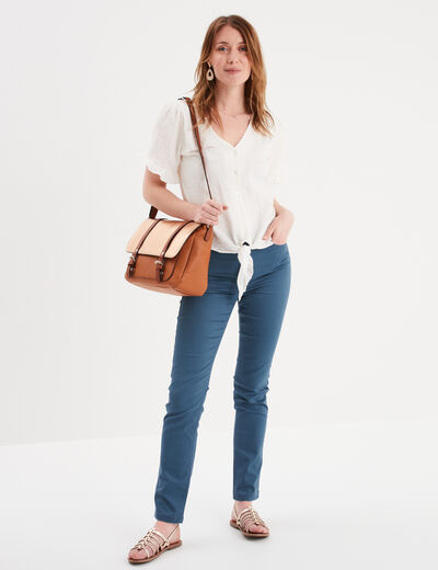 Blouse plumetis nouée manches courtes blanc femme