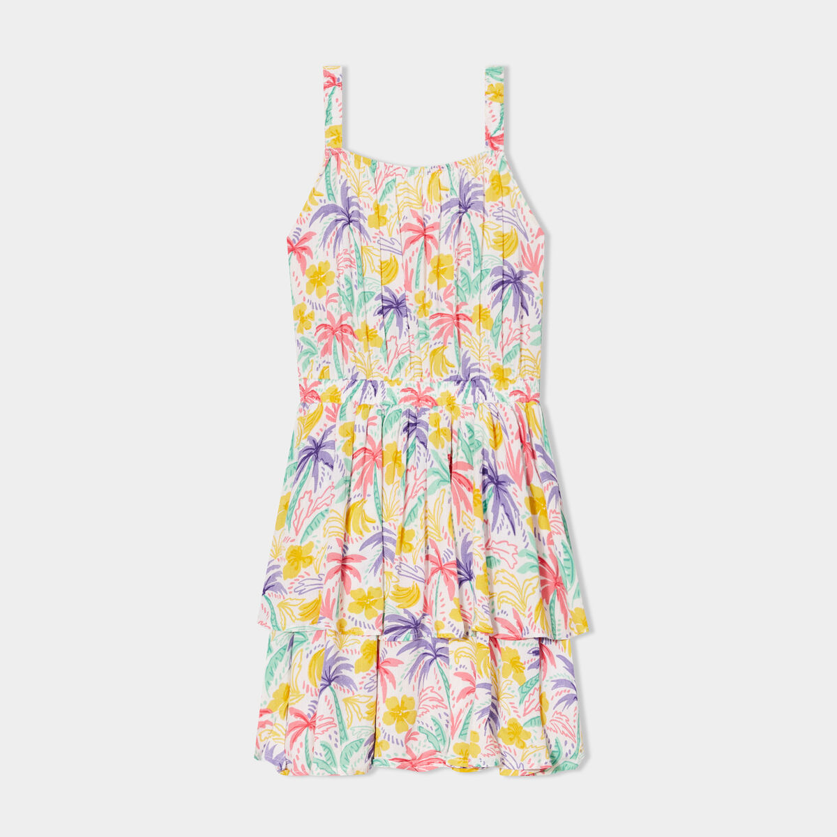 Robe courte &agrave; bretelles et volants ecru fille
