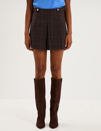 Jupe-short pliss&eacute;e boutons dor&eacute;s marron chocolat femme