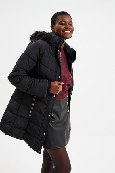 Doudoune ceintur&eacute;e mi-longue &agrave; capuche noir femme