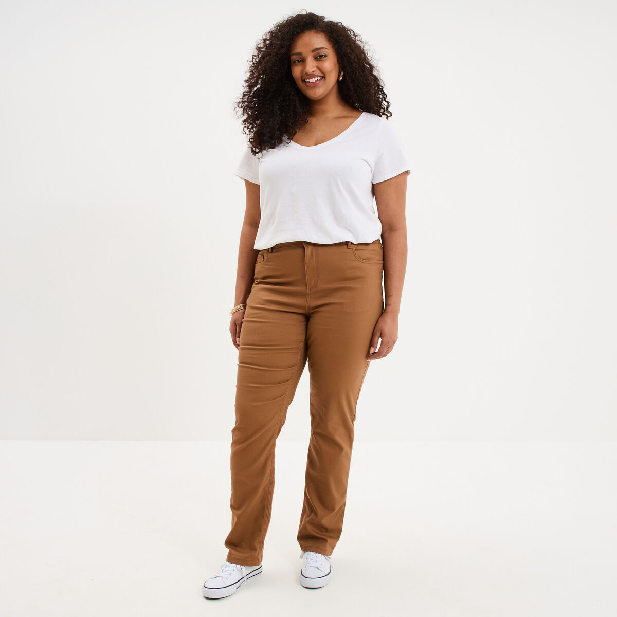 Pantalon droit taille haute extensible marron femme grande taille