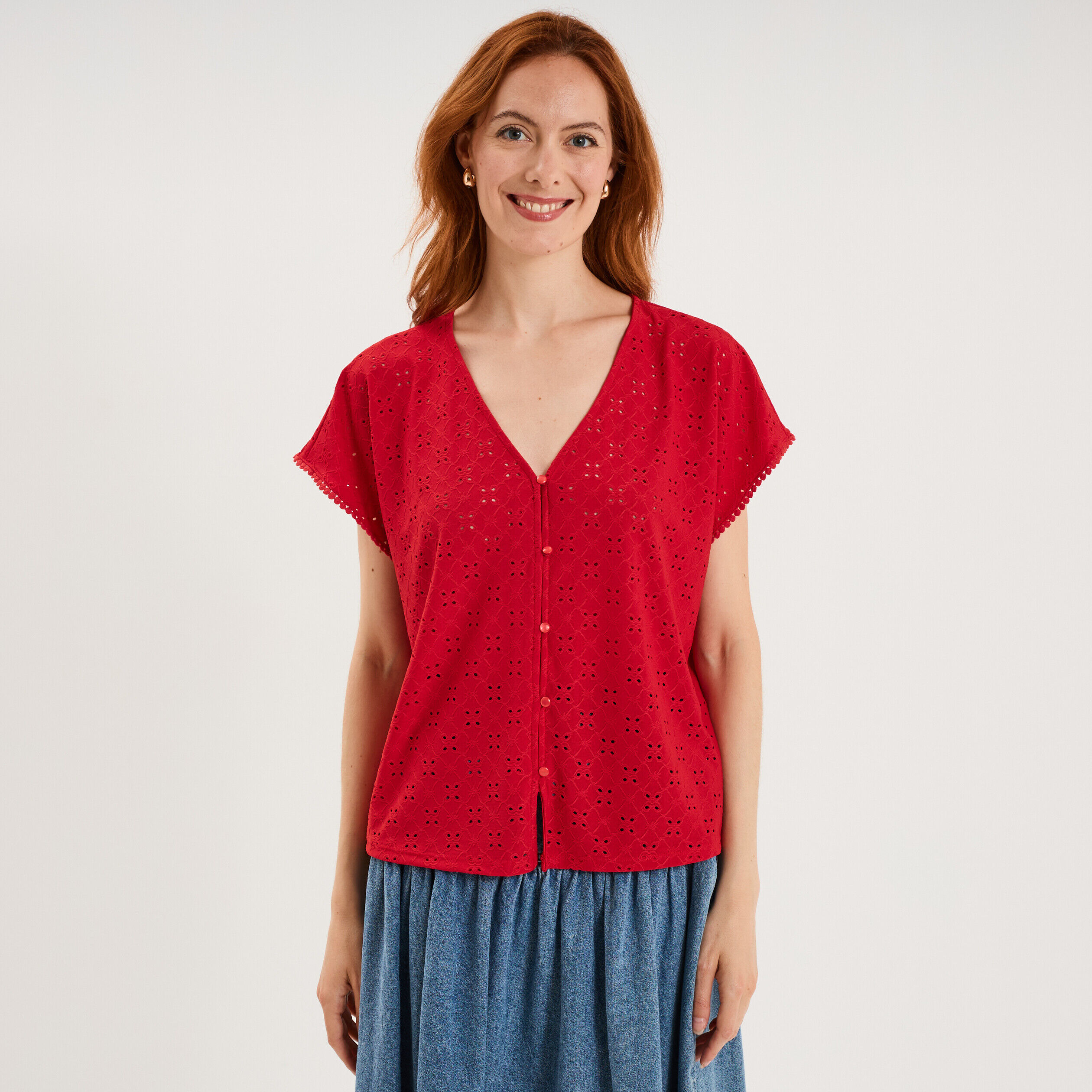 T-shirt dentelle avec boutons rouge femme LH