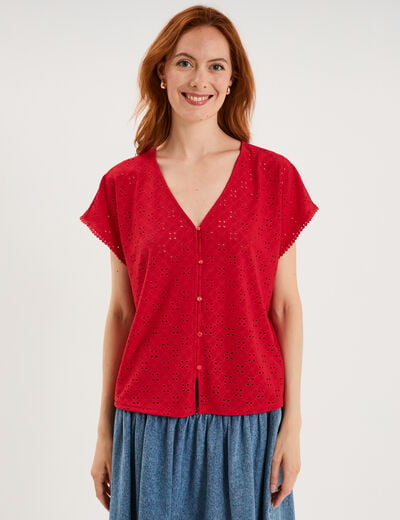 T-shirt dentelle avec boutons rouge femme