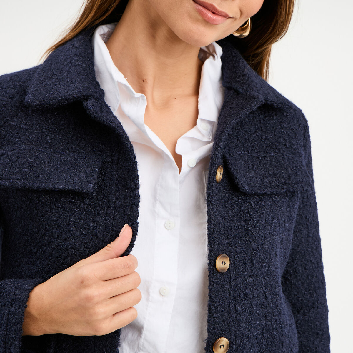 Veste bouclette boutonn&eacute;e bleu marine femme