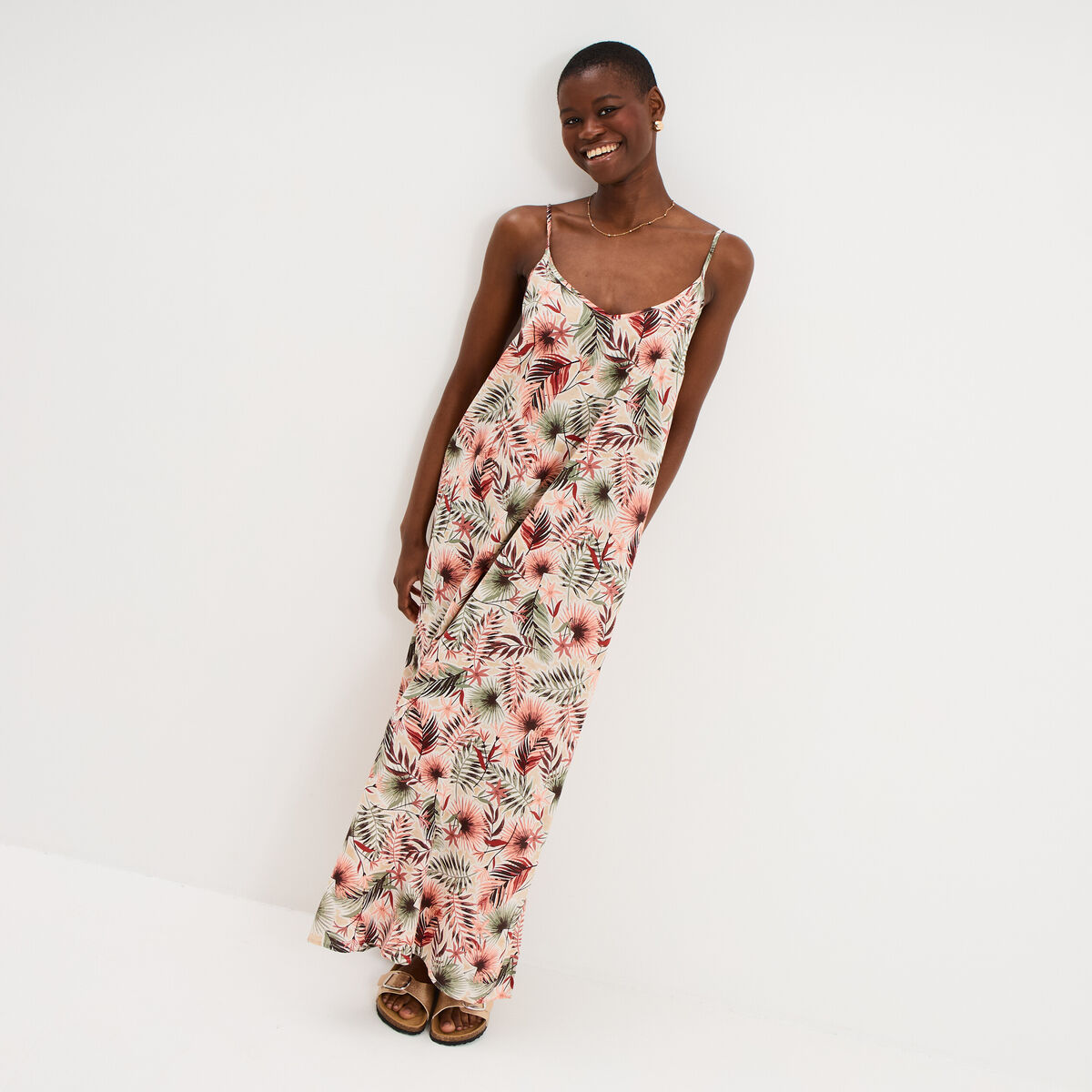 Robe longue droite fluide &agrave; bretelles vert kaki femme