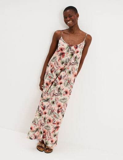 Robe longue droite fluide &agrave; bretelles vert kaki femme