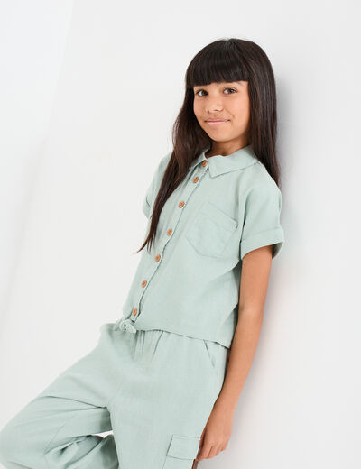 Chemise nouée manches courtes en lin vert pastel fille
