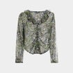 Blouse manches longues col volanté noir femme