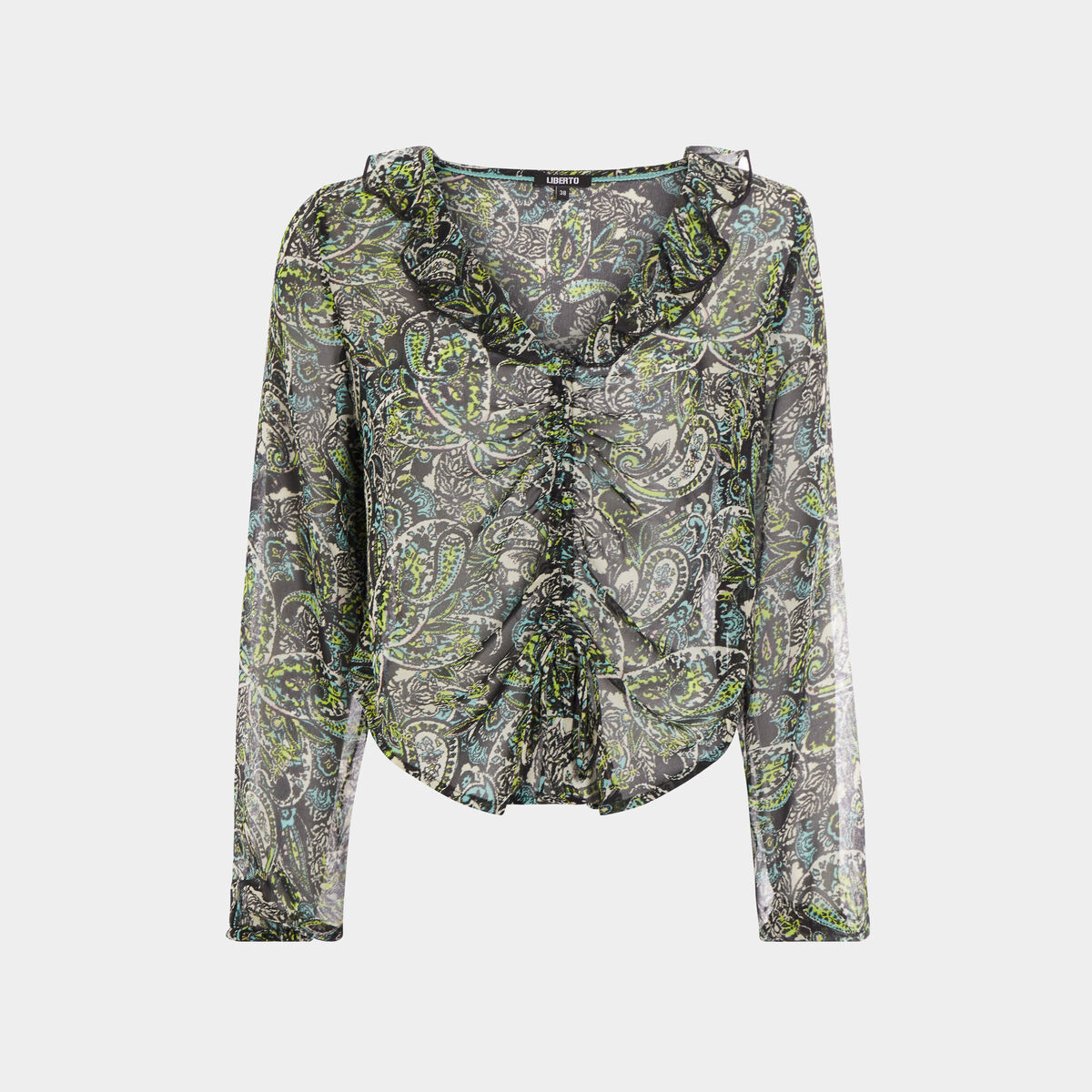 Blouse manches longues col volanté noir femme