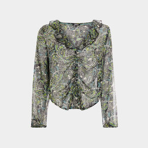 Blouse manches longues col volanté noir femme