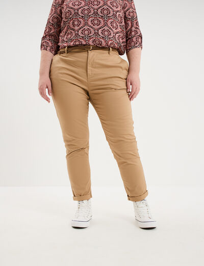 Pantalon chino taille haute coton beige femme grande taille
