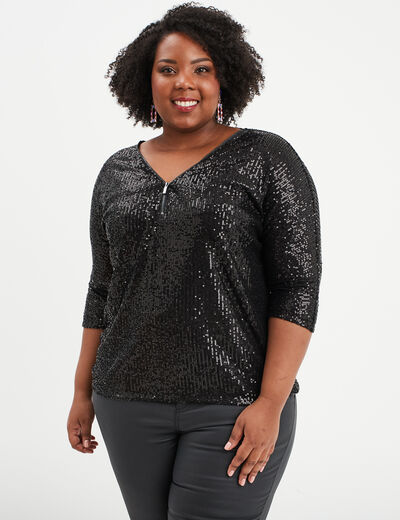 T-shirt sequins manches courtes noir femme grande taille