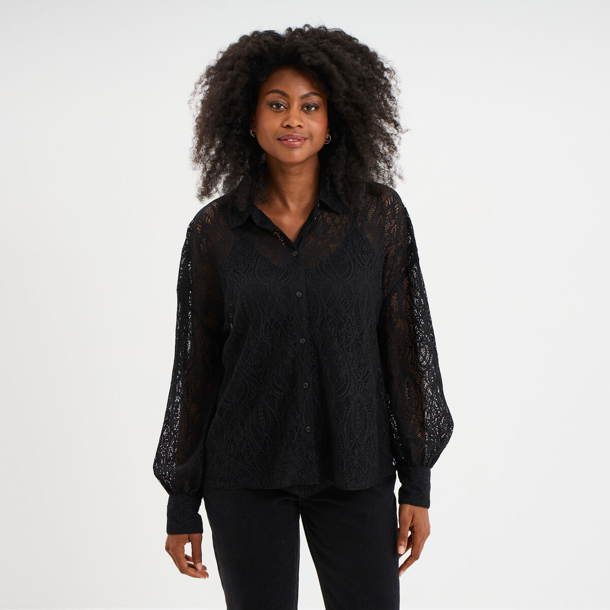 Chemise dentelle manches longues noir femme