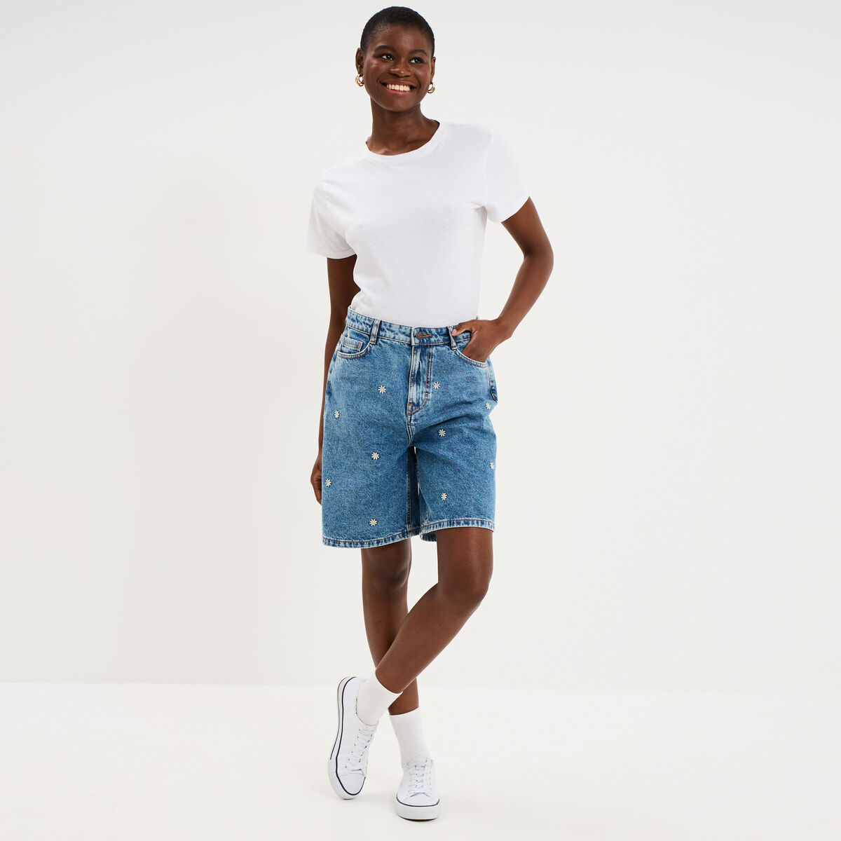 Short bermuda en jean large brod&eacute; denim double stone femme