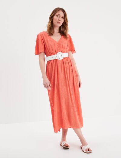 Robe longue empire fils métallisés coton rose corail femme