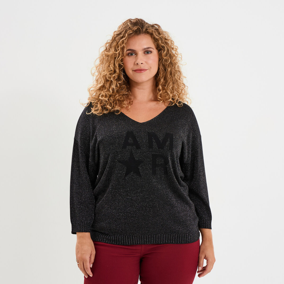 Pull manches 3/4 chauve-souris noir femme grande taille
