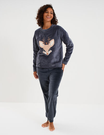 Ensemble pyjama pantalon polaire bleu gris femme